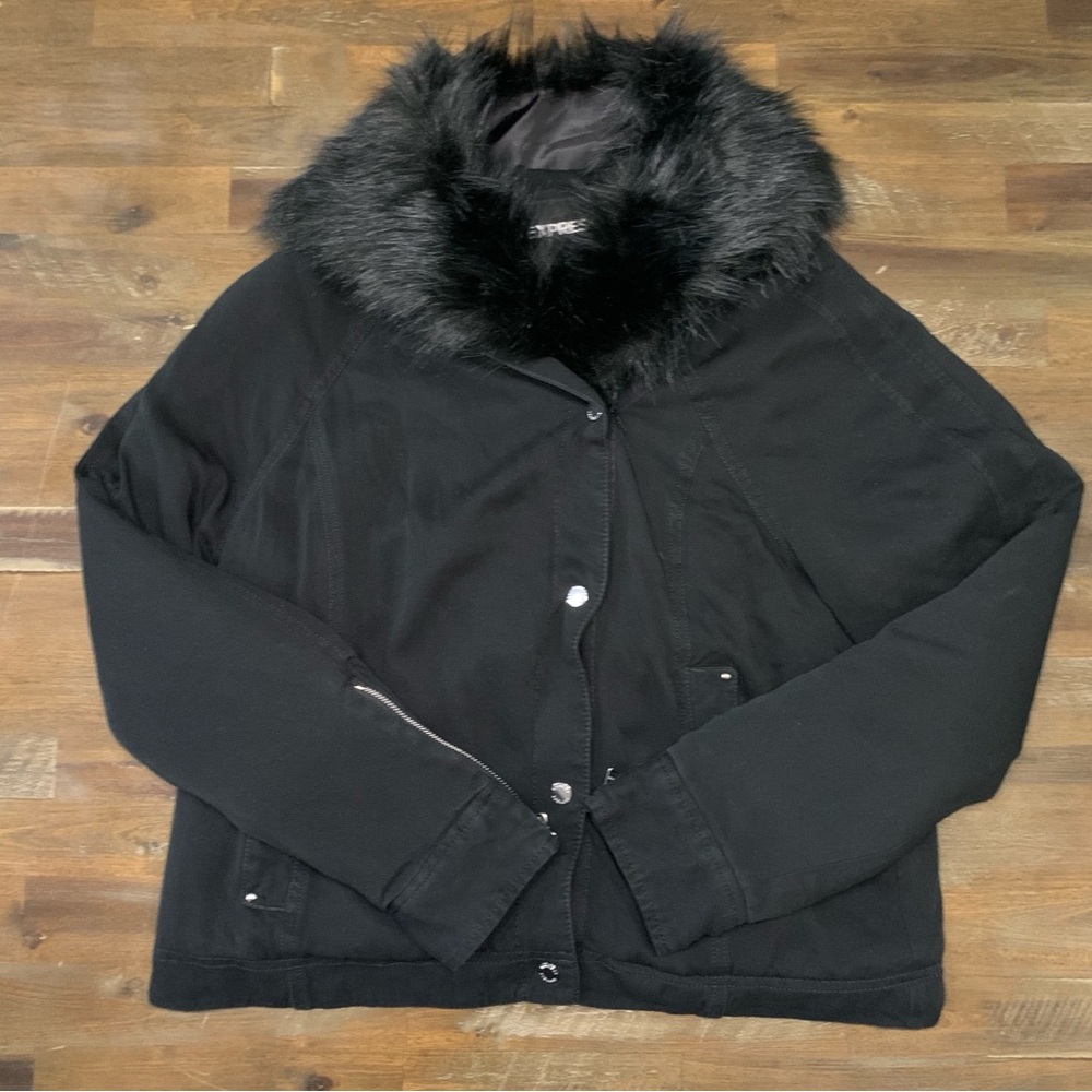 Express black furry lined jacket with removable faux fur collar liner